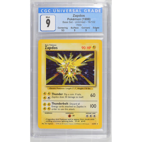 1999 POKEMON BASE SET ZAPDOS HOLO CGC 9