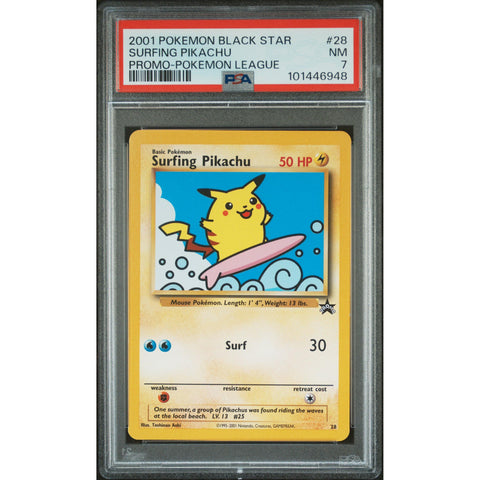 2001 POKEMON PROMO SURFING PIKACHU POKEMON LEAGUE 28 PSA 7