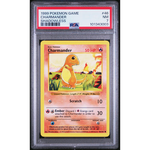 1999 POKEMON GAME CHARMANDER SHADOWLESS 46/102 PSA 7