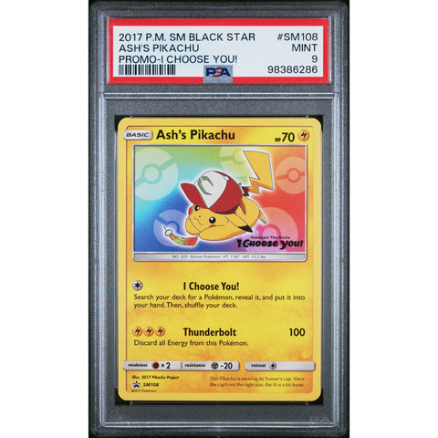 2017 POKEMON SUN & MOON PROMO ASH'S PIKACHU SM108 PSA 9